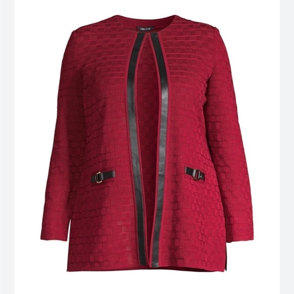 Misook Rapture Knit Jacket Oversized Red Textured Black Vegan Leather Trim Small - Picture 3 of 11